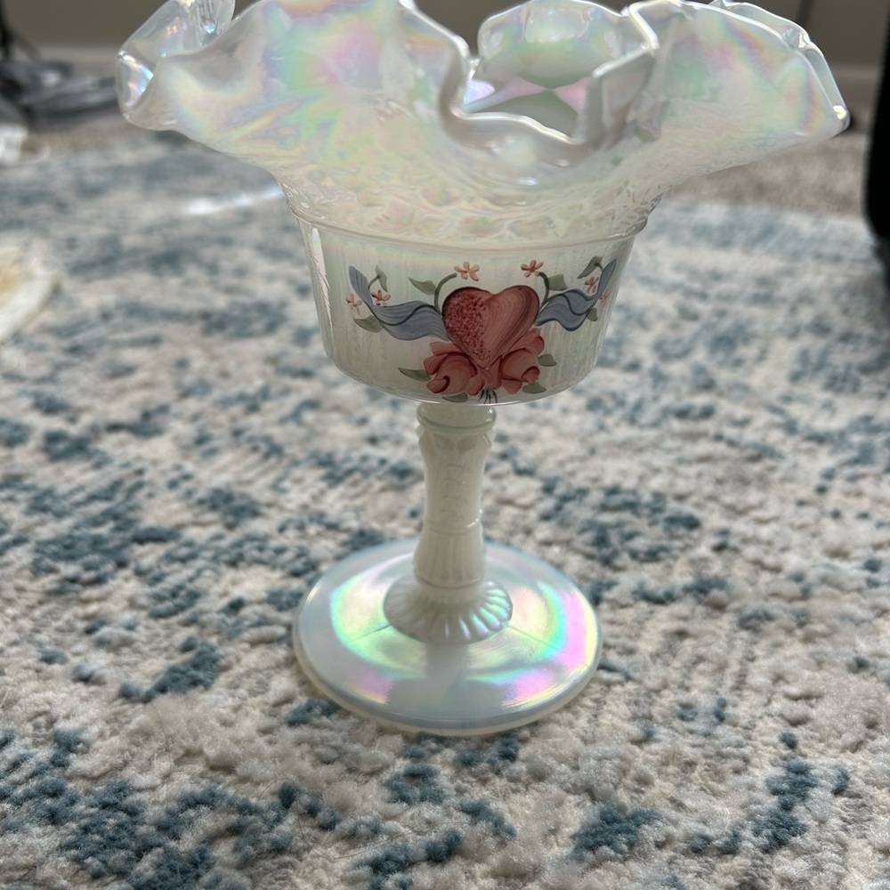 FENTON Iridescent Ruffled Compote with Heart Motif